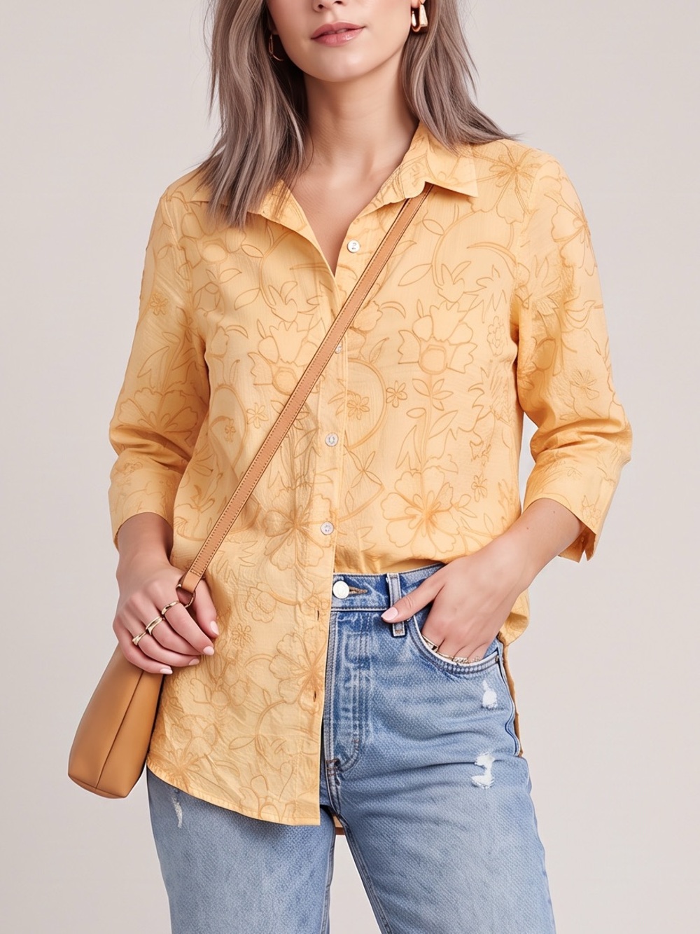 BIBA Women’s Button Down Shirt Cover Up Tunic Embroidered Size Medium Yellow